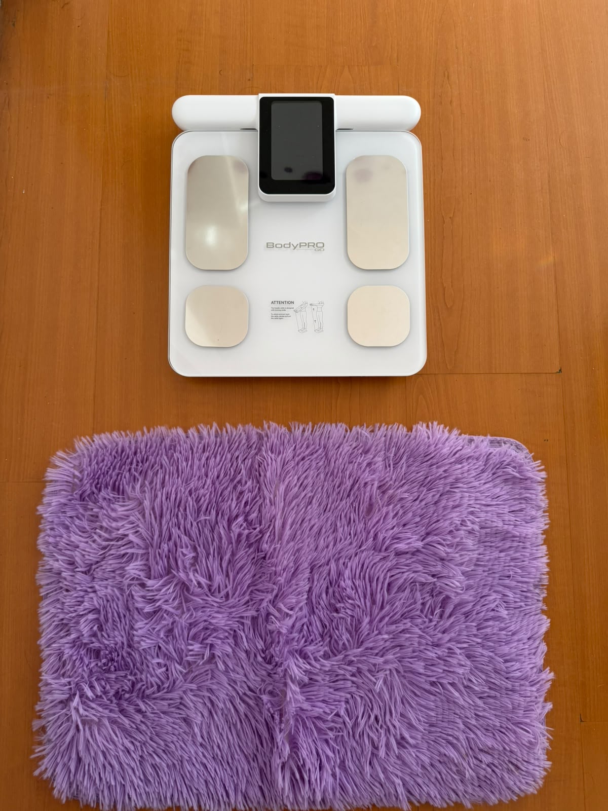 Balanza de composición corporal sobre una alfombra morada en un espacio de nutrición.