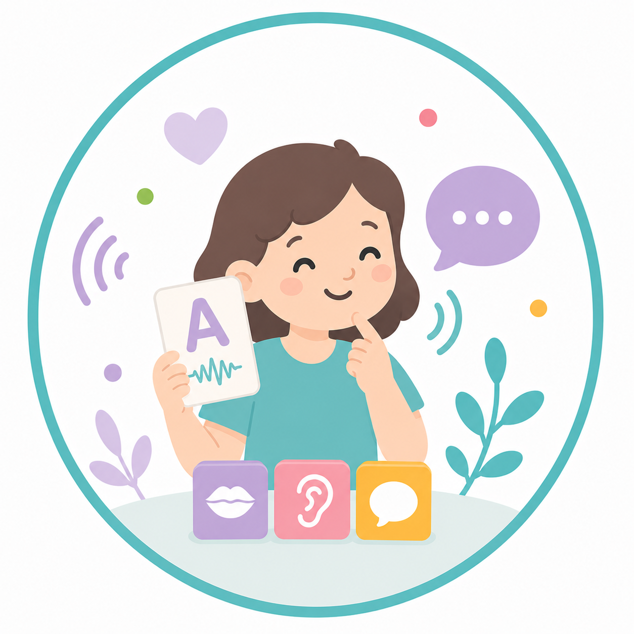 Ilustración de Fonoaudiología con una niña trabajando sonidos, voz y comunicación.