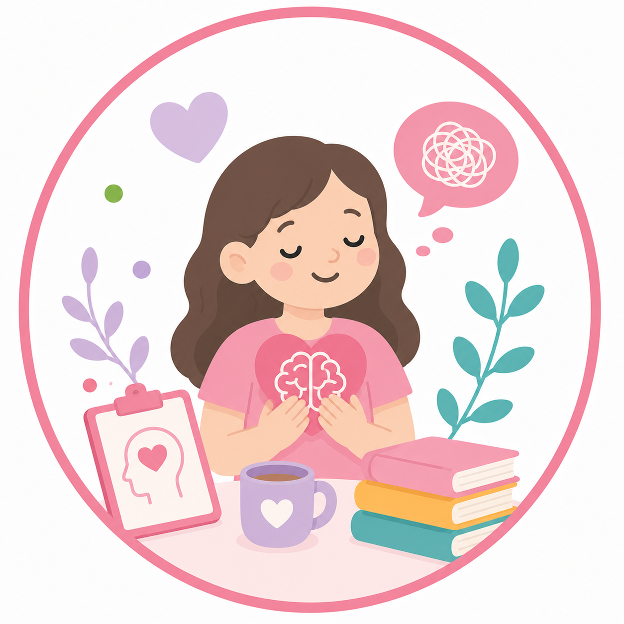 Ilustración de Psicología con una niña pensando y elementos de apoyo emocional.