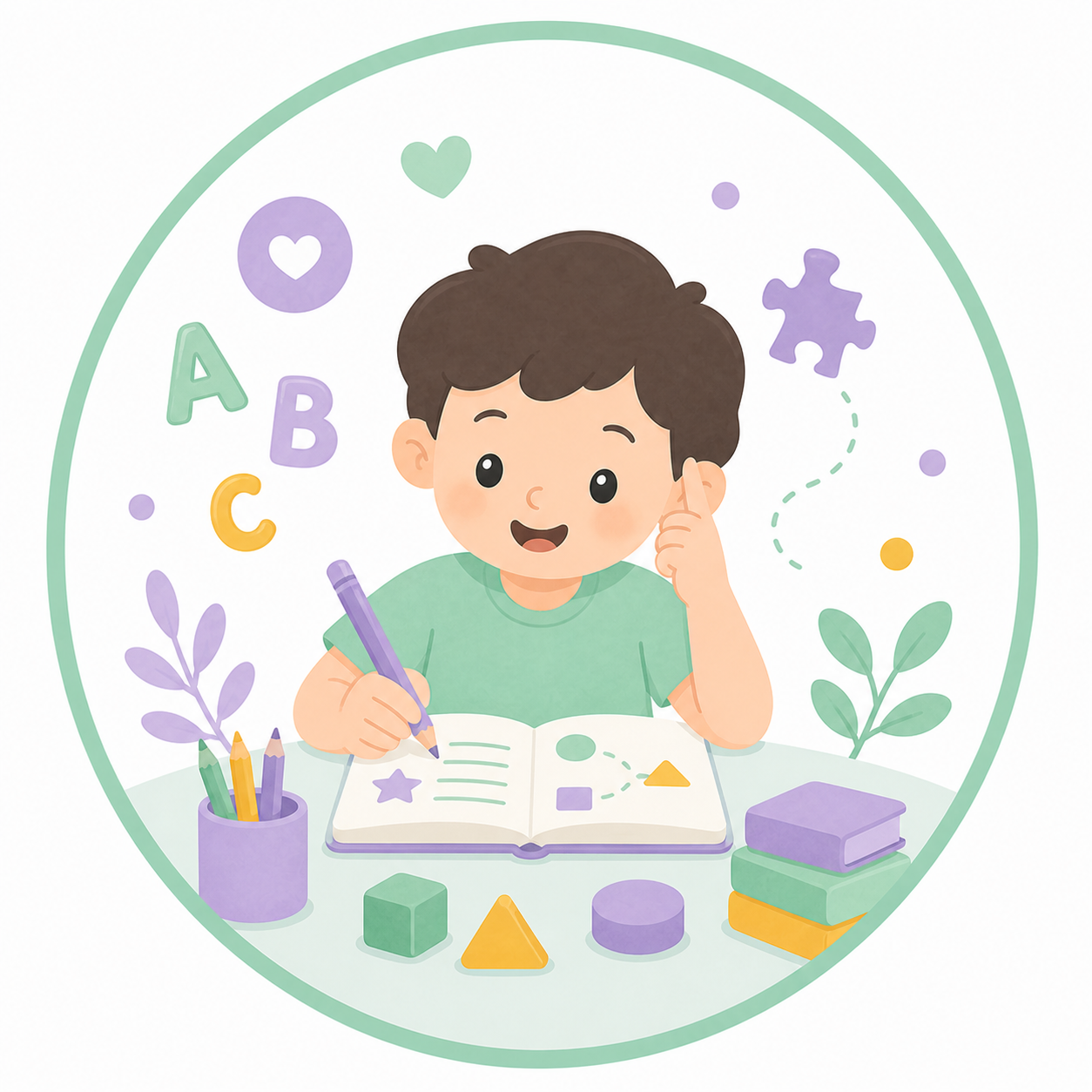 Ilustración de Psicopedagogía con un niño aprendiendo junto a libros, lápices y materiales didácticos.