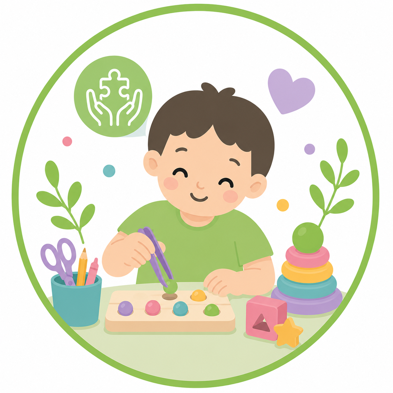 Ilustración de Terapia Ocupacional con un niño jugando y trabajando motricidad fina.