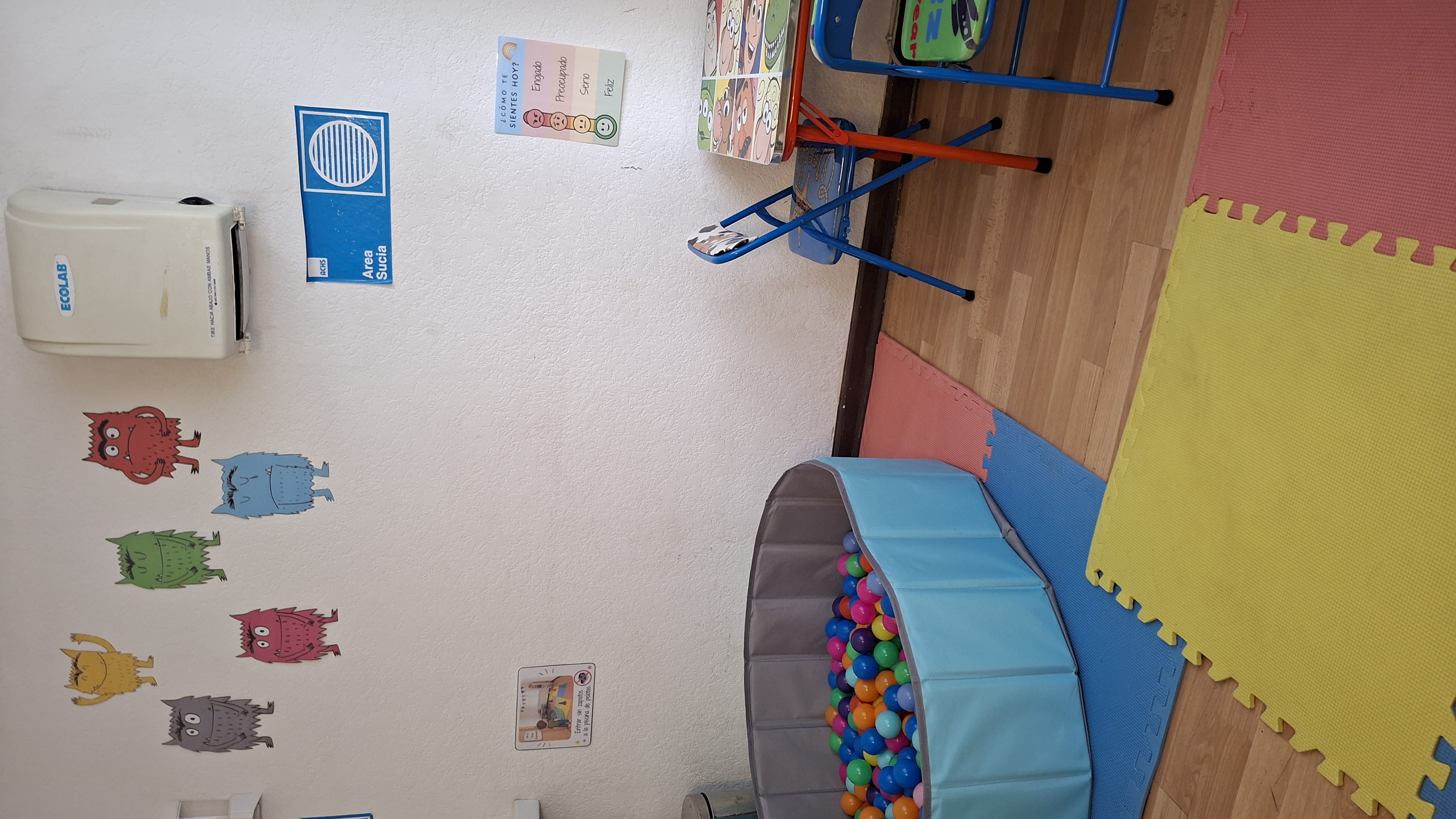 Sala de Terapia Ocupacional con piscina de pelotas, colchonetas y recursos visuales.